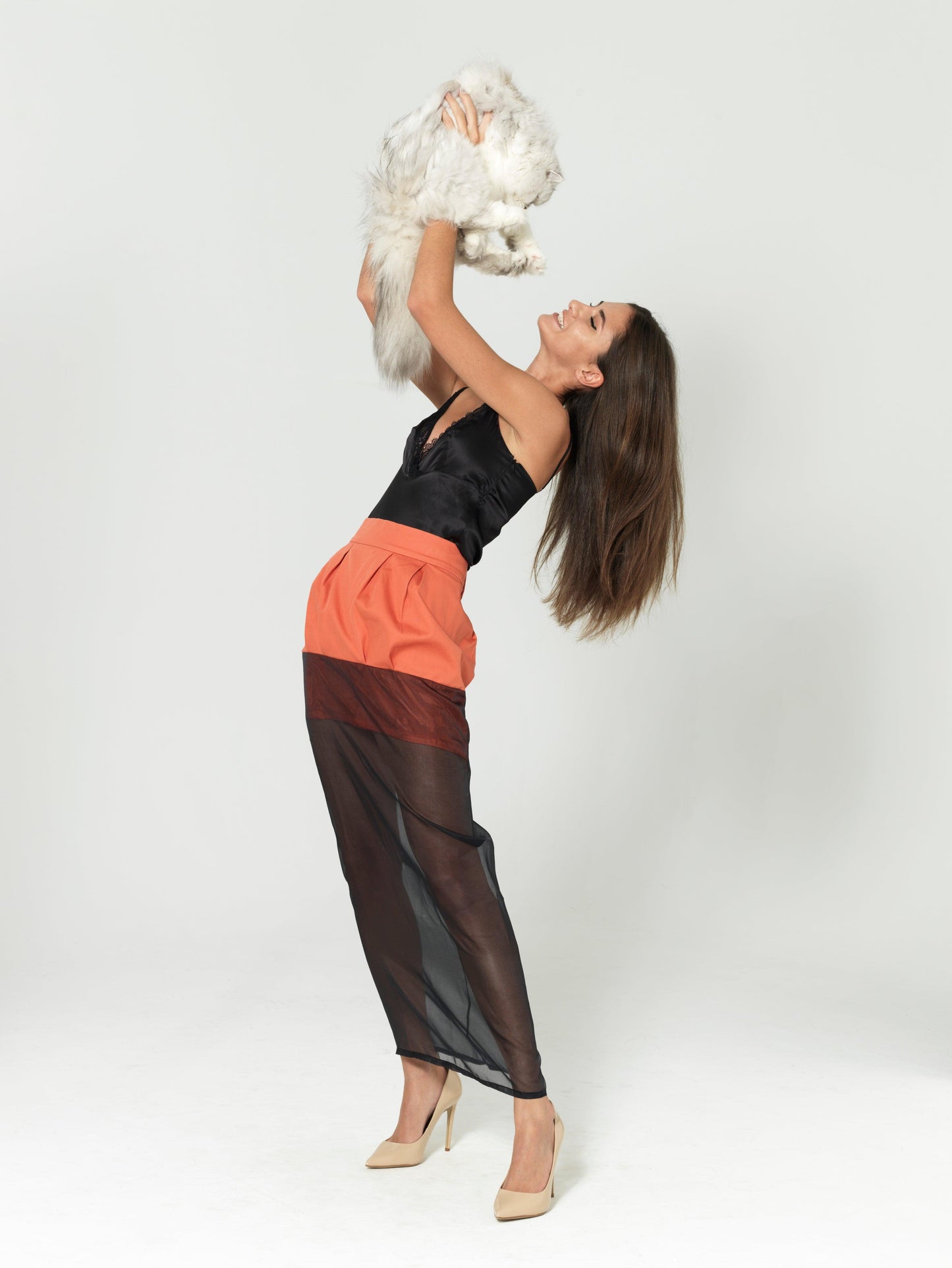 Upcycled orange skirt with tulle black bottom