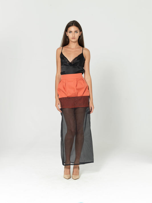 Upcycled orange skirt with tulle black bottom